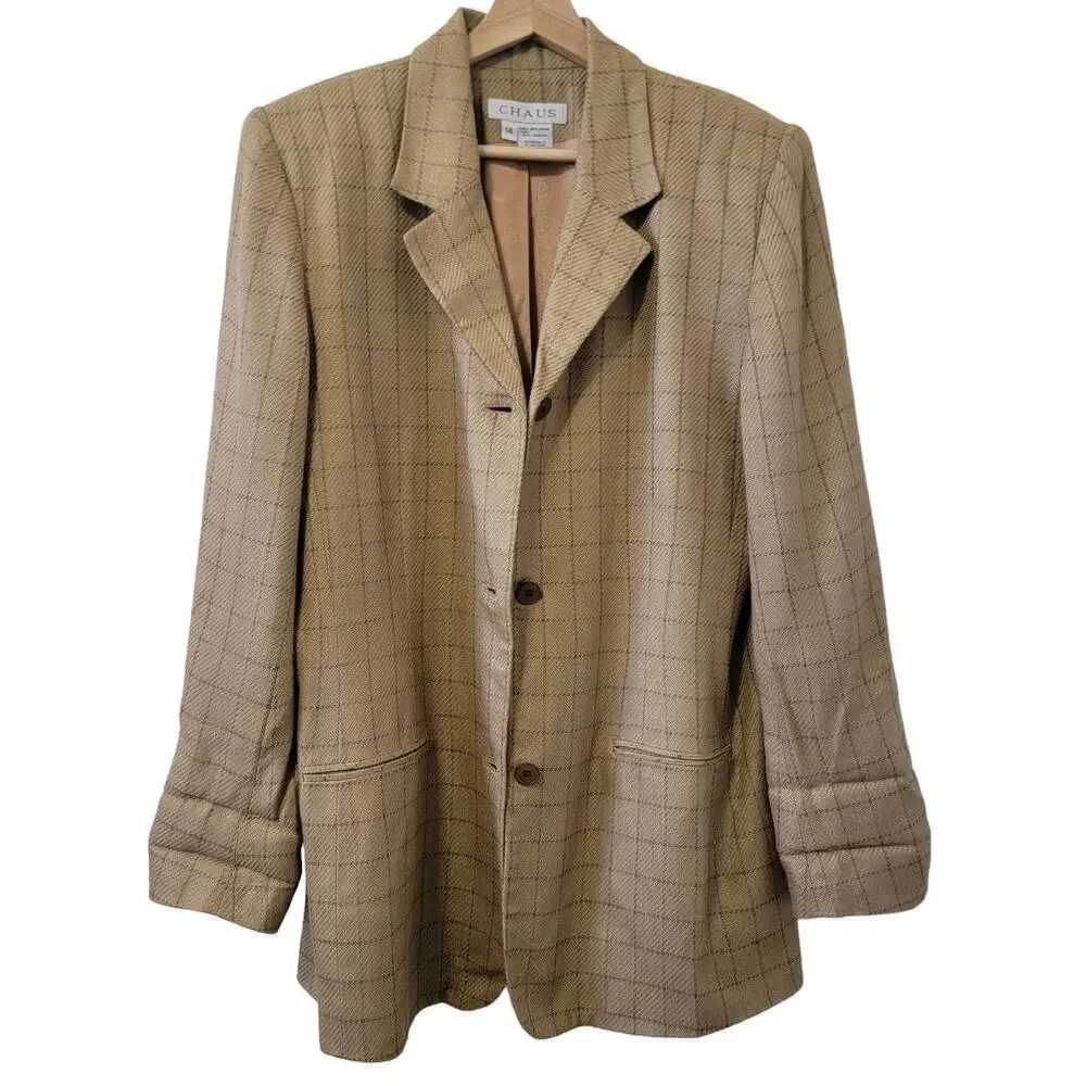 Old Money Vintage Oversized Jacket Blazer Suit Coat Checkered Pattern Women's 14